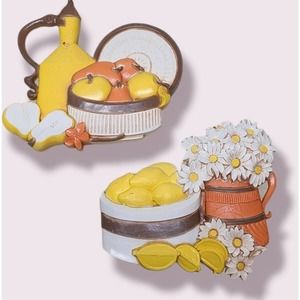 1980s Funky Syroco Lemons And Pears Kitchen Wall Plaque Set 7610 Made In USA